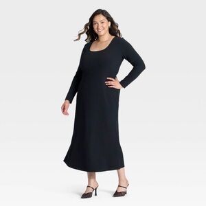 wild fable Black Long-Sleeve Midi Scoop Neck Dress